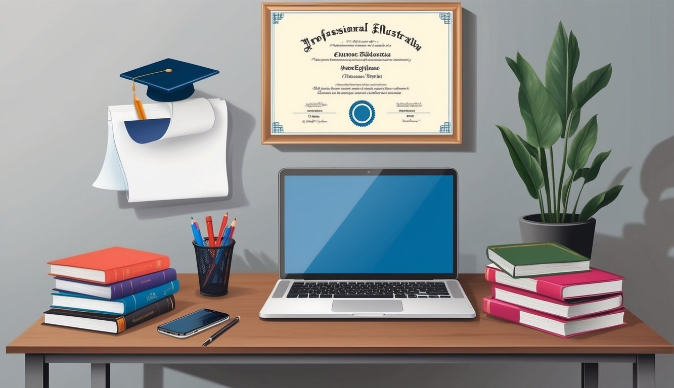 A desk with a laptop, textbooks, and a diploma on the wall