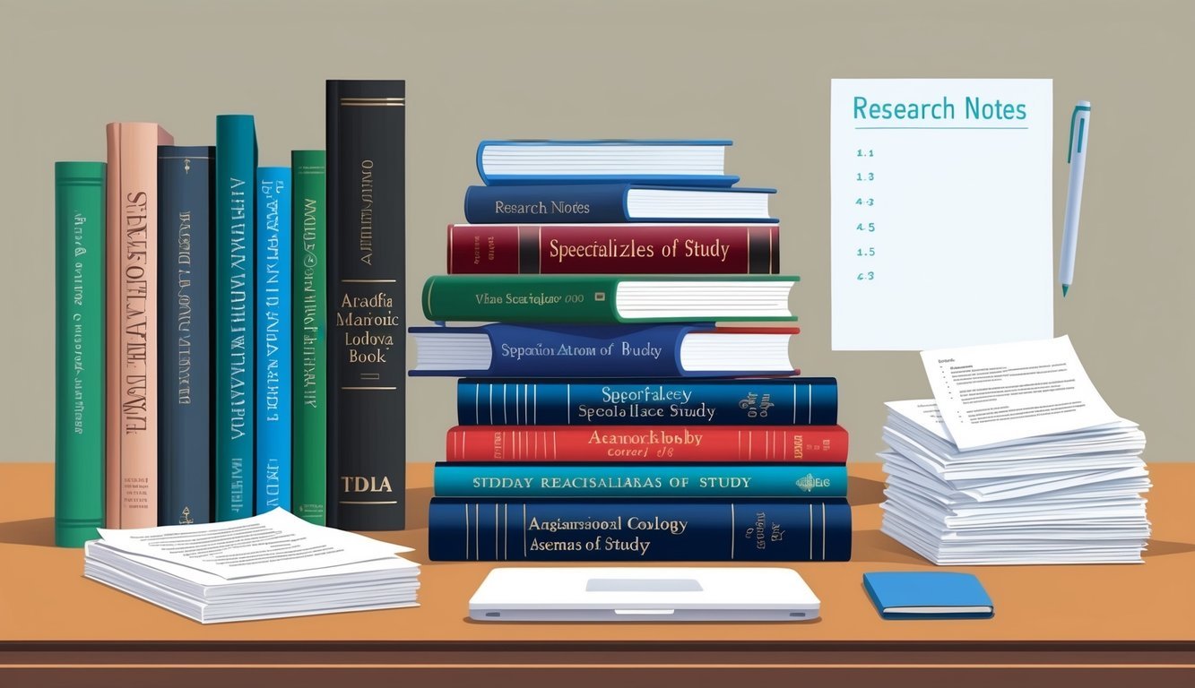 A table with various academic books on specialized areas of study, a laptop, and a stack of papers with research notes