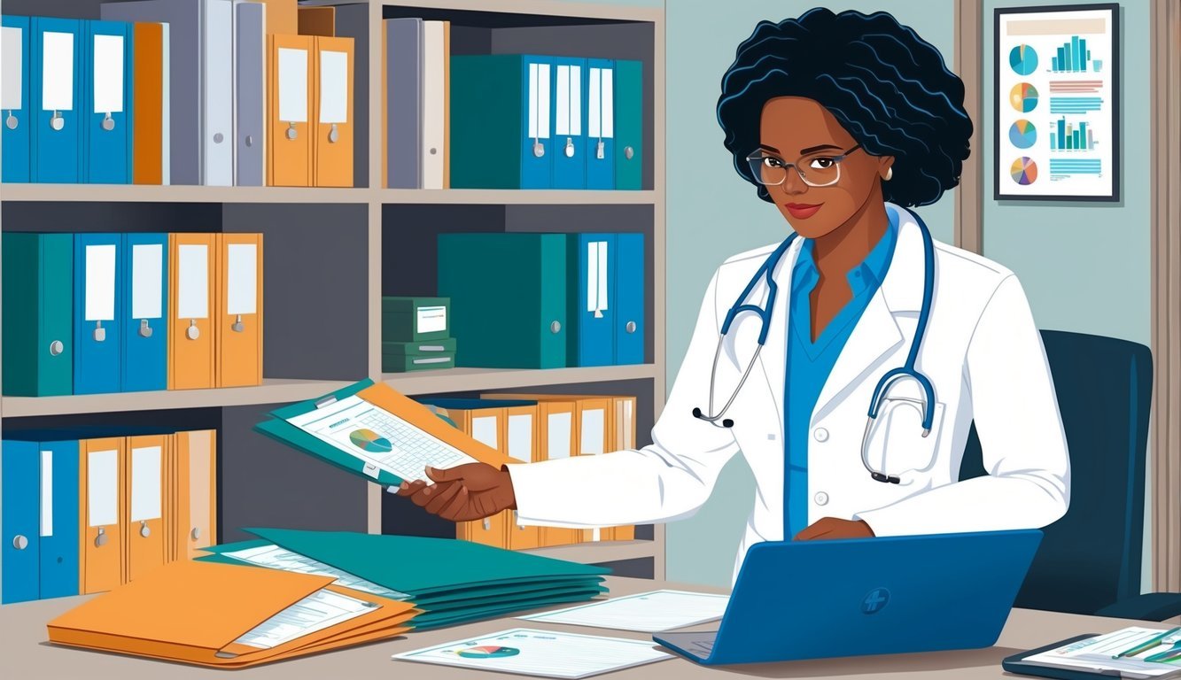 A healthcare administrator organizing files and charts in an office setting
