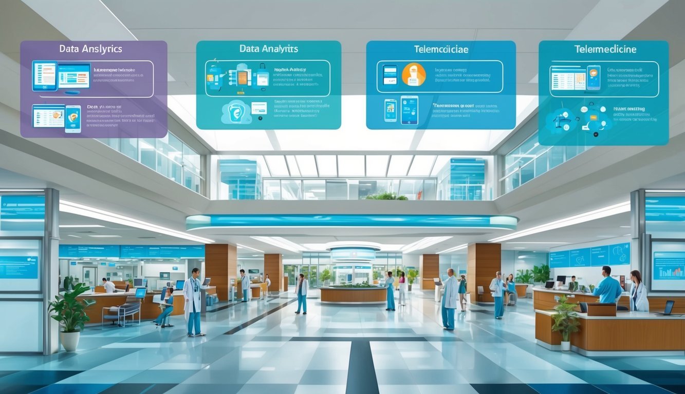 A bustling hospital lobby with modern architecture and technology, showcasing the integration of data analytics and telemedicine in healthcare administration