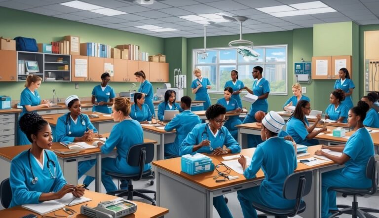 Nurses in blue scrubs studying in a classroom with desks and medical equipment