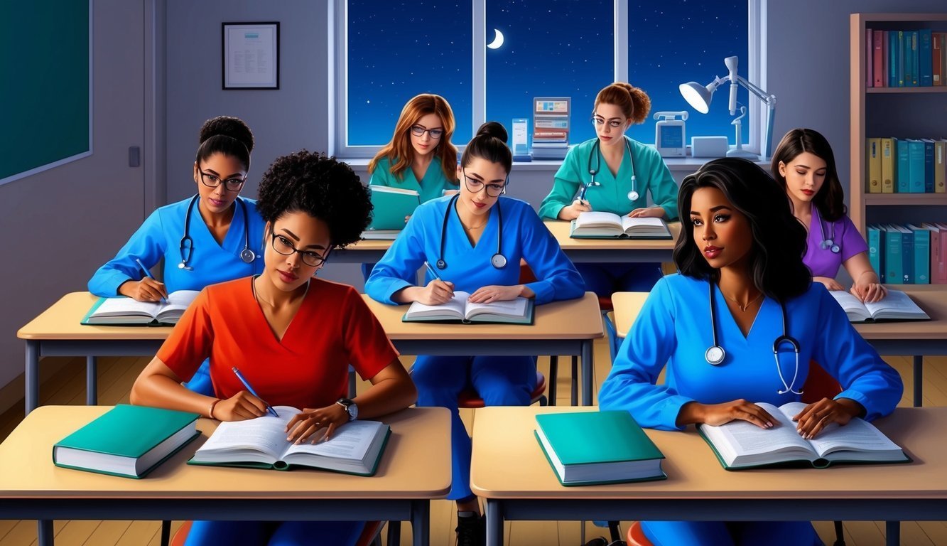 Medical students in scrubs studying at desks in a classroom at night