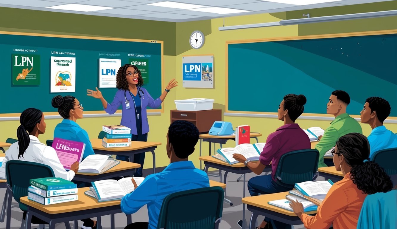 A classroom setting with LPN career materials, textbooks, and medical equipment.</p><p>A teacher lecturing to a group of students during a night class