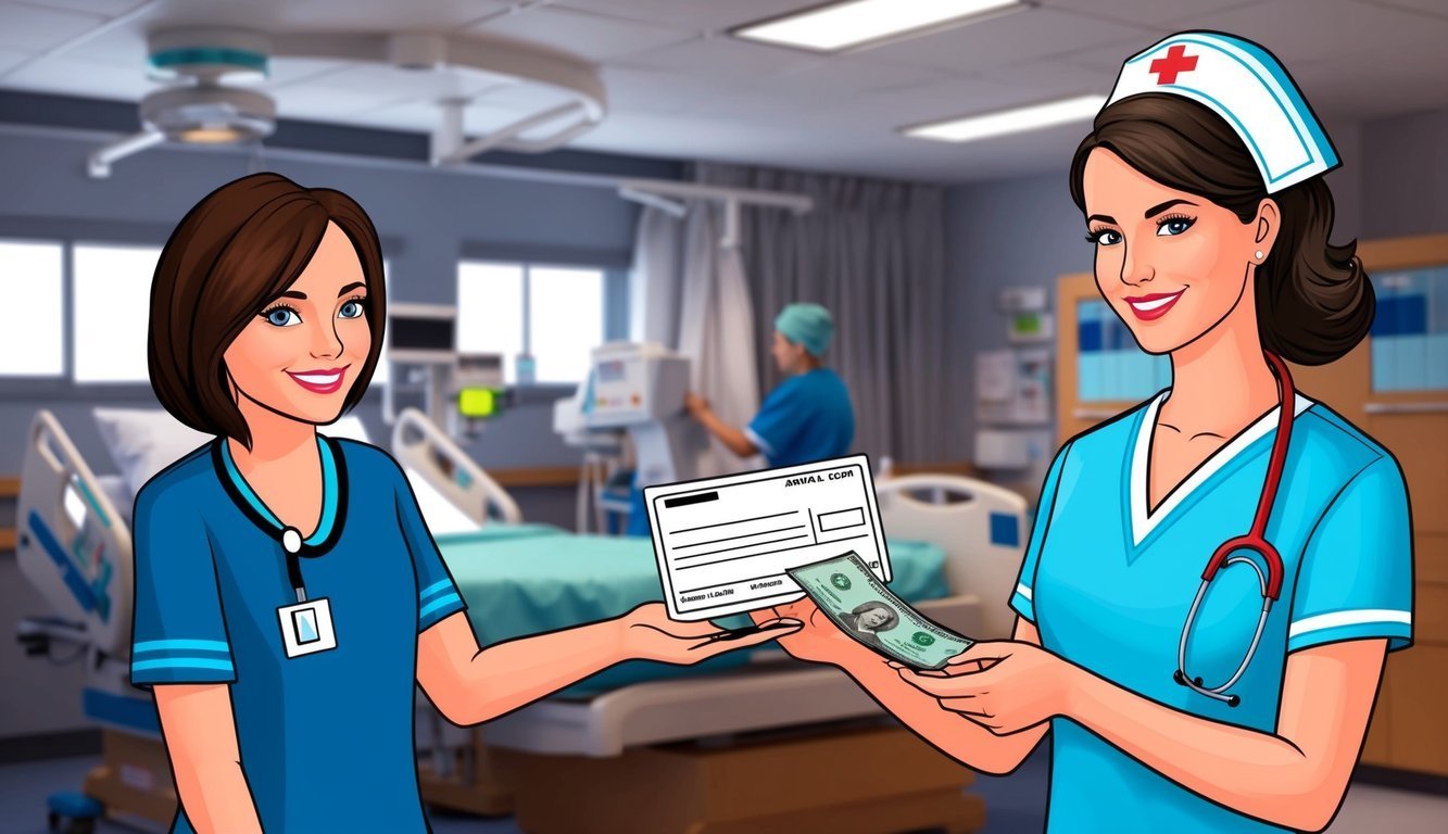 Two nurses in a hospital setting, one holding a bill and a form
