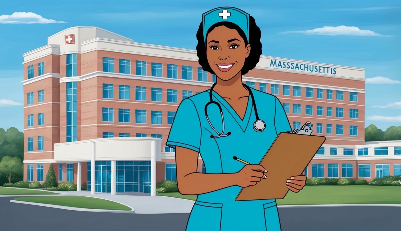 A nurse in scrubs standing in front of a hospital in Massachusetts, with a stethoscope around their neck and a clipboard in hand