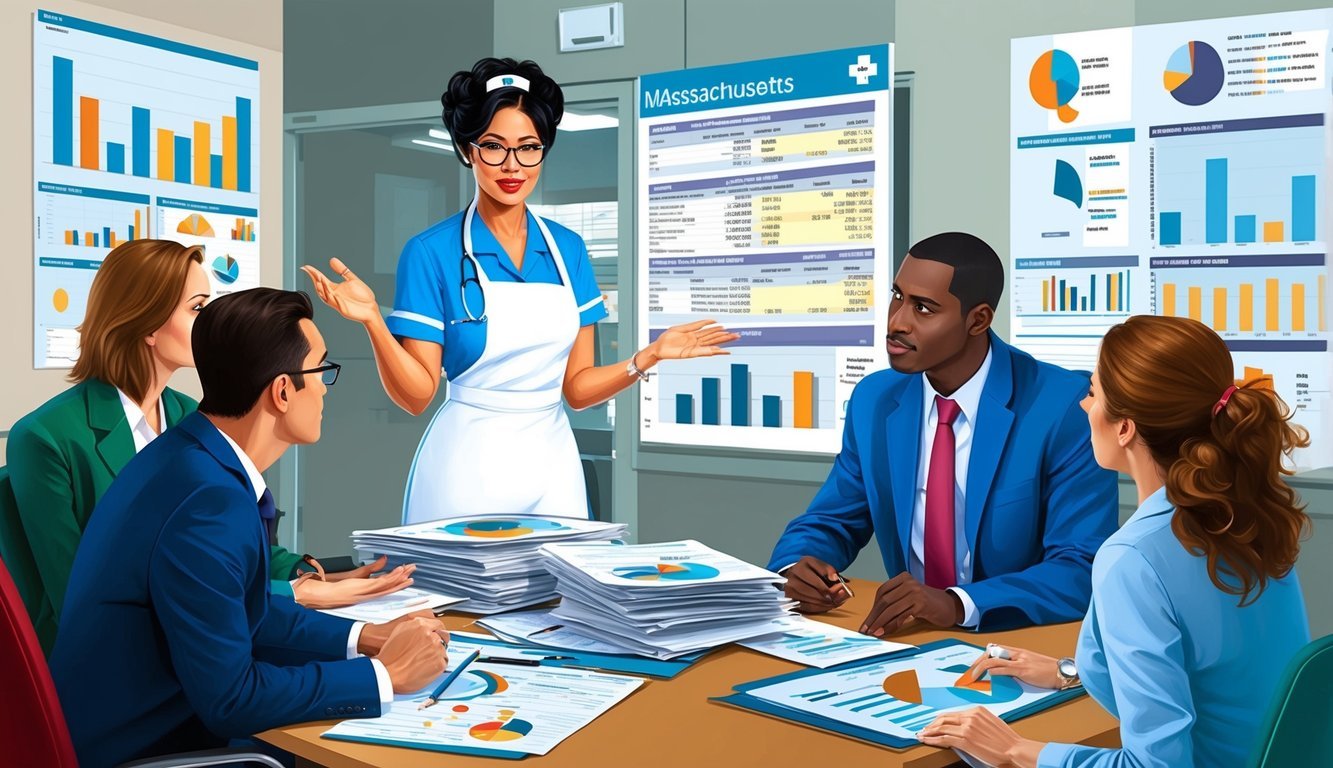 A nurse working in a hospital in Massachusetts, surrounded by charts, graphs, and financial reports, while discussing salary variances with colleagues and management