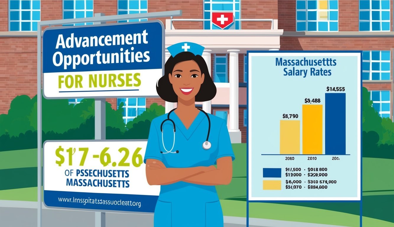 A nurse standing in front of a hospital with a sign displaying "Advancement Opportunities for Nurses" and a chart showing increasing salary rates in Massachusetts