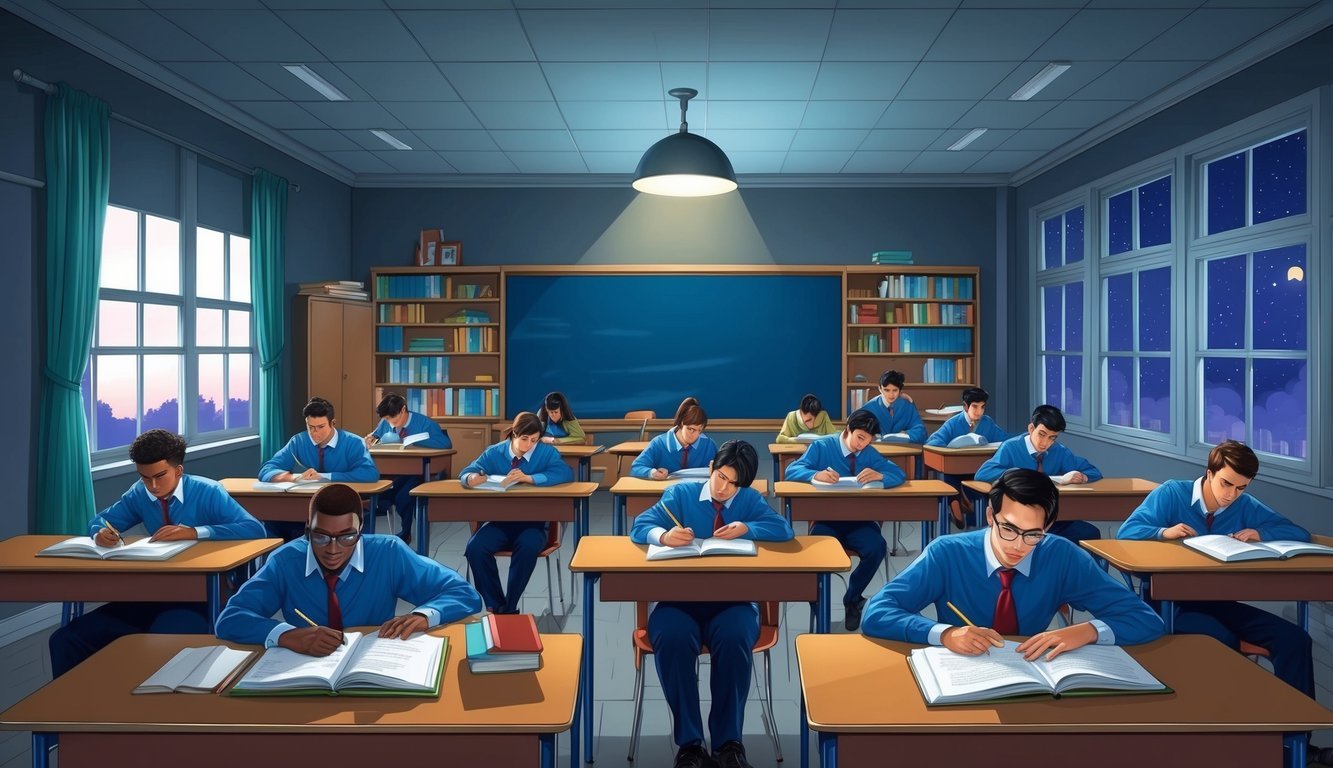 A classroom with LPN students studying at night