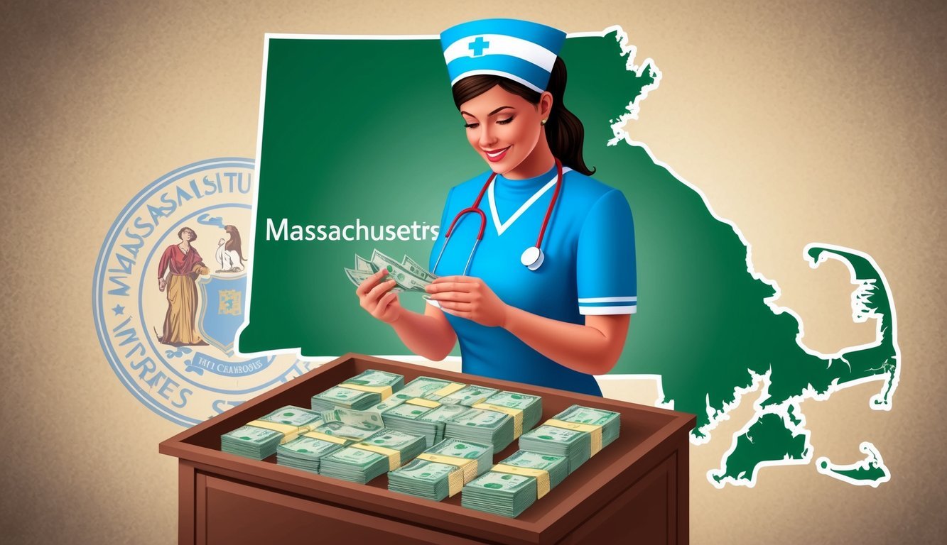 A nurse counting money in front of a Massachusetts state map