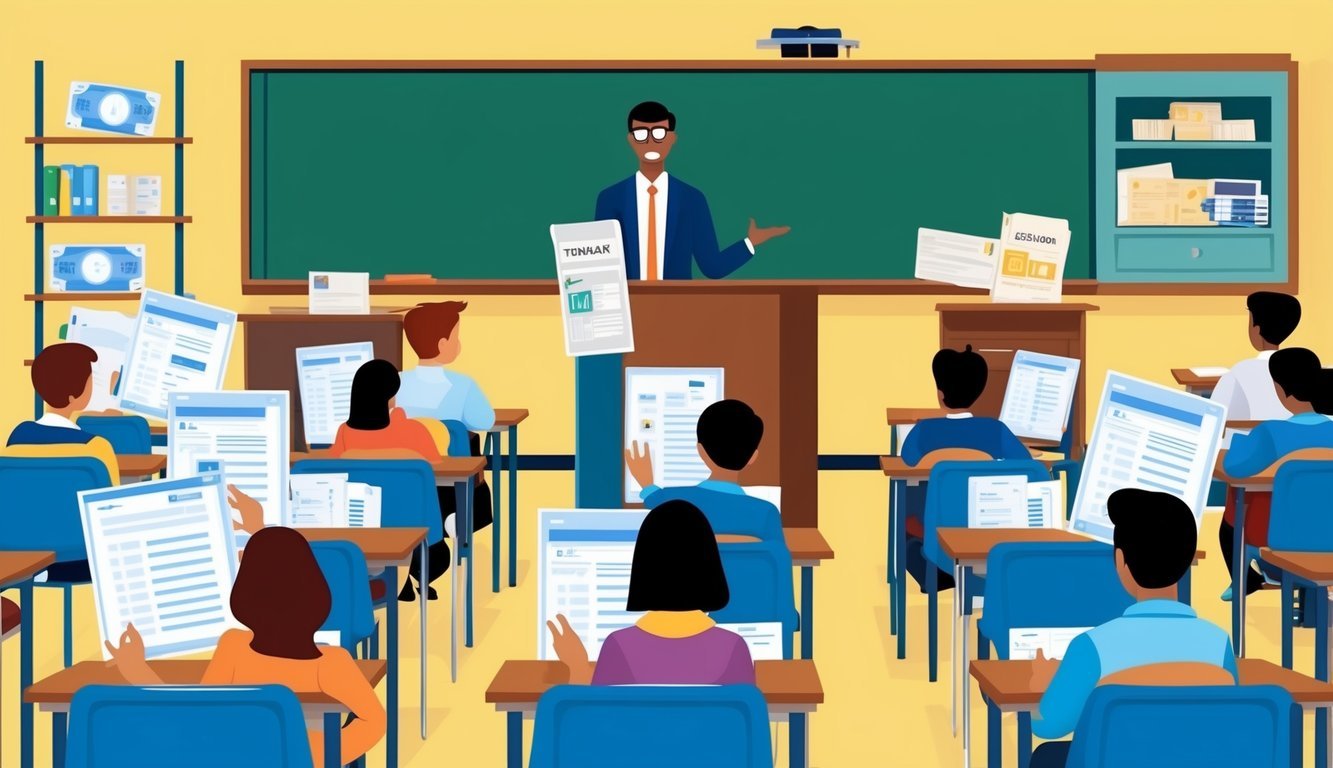 A classroom setting with a teacher at the front, students at desks, and financial documents or support materials visible