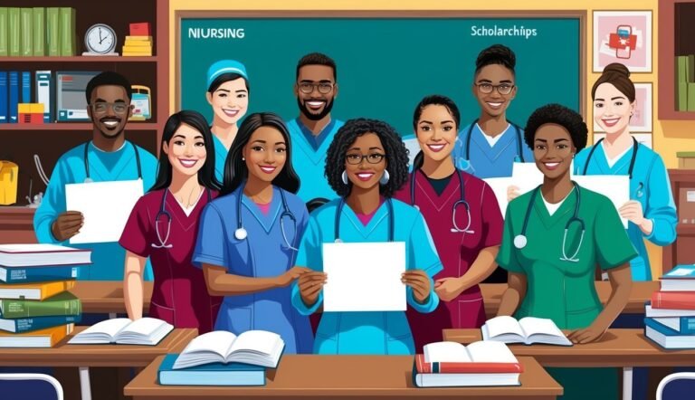 Group of diverse nursing students smiling, holding papers, in a classroom