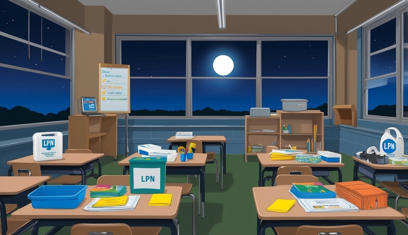 A classroom at night with LPN program materials and equipment
