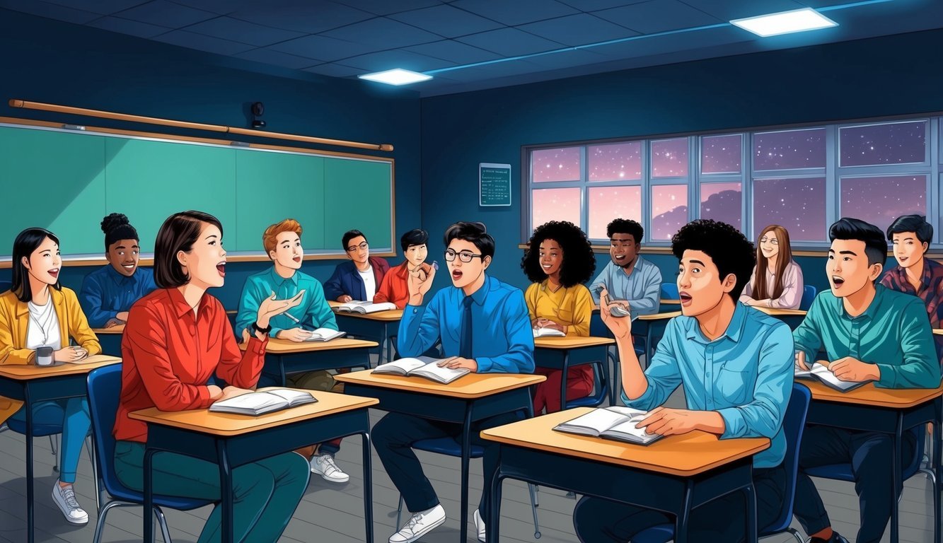 A classroom at night with LPN students asking questions