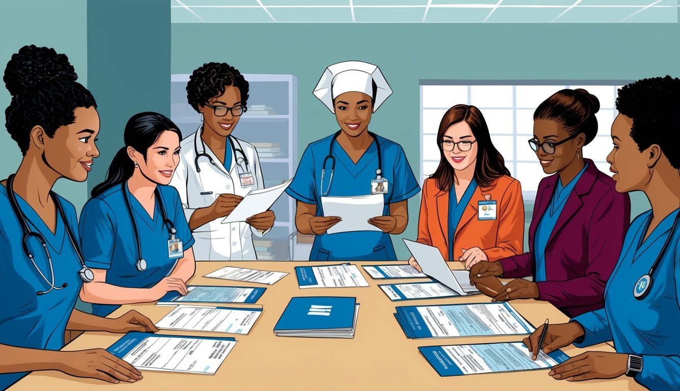 A group of nursing students gather around a table, reviewing application materials and discussing eligibility requirements for scholarships