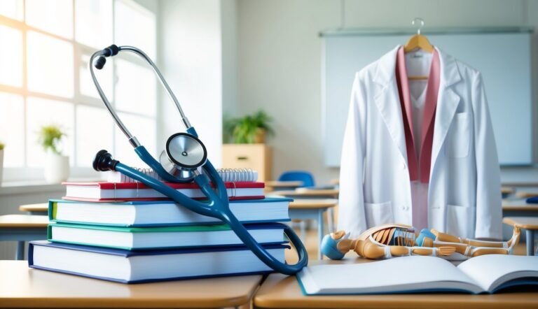 Stethoscope, books, lab coat, and anatomical model on a desk in a classroom