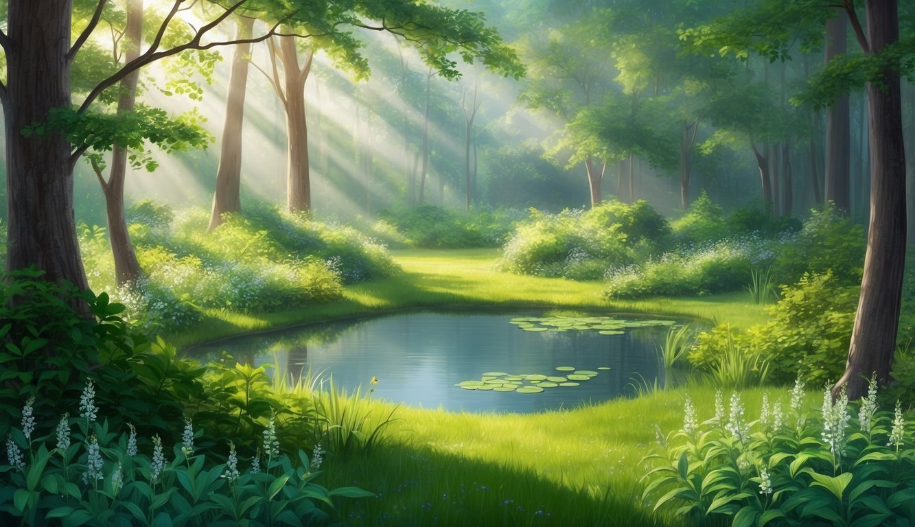 Lush forest scene with a pond, sunlight, and vibrant green foliage