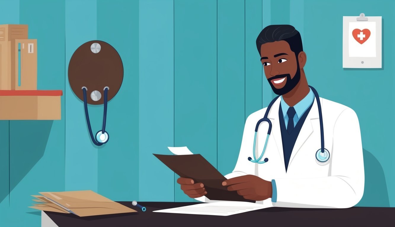 A doctor reviewing paperwork with a stethoscope hanging nearby