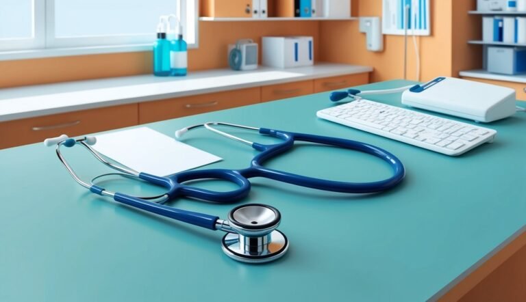 Blue stethoscope, keyboard, and medical equipment on a teal desk