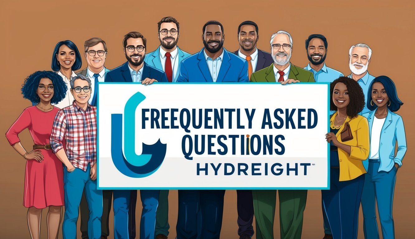 A diverse group of people of different ages and backgrounds standing around a large "Frequently Asked Questions" sign with the Hydreight logo