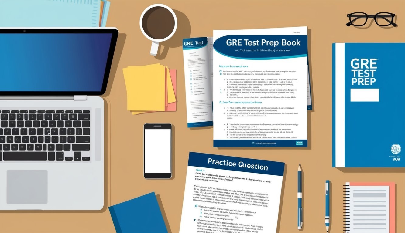 A desk with a computer, study materials, and a GRE test prep book open to a practice question