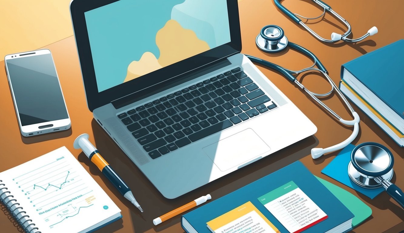 A desk with a laptop, textbooks, and notes.</p><p>A stethoscope and medical equipment are neatly organized nearby