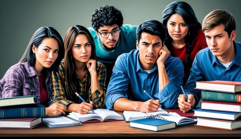 Group of students studying together at a table with books and notebooks