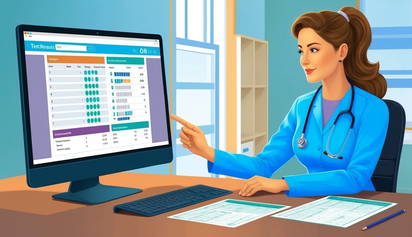 A nurse reviewing test results on a computer screen with a scoring sheet and interpretation guide on the desk