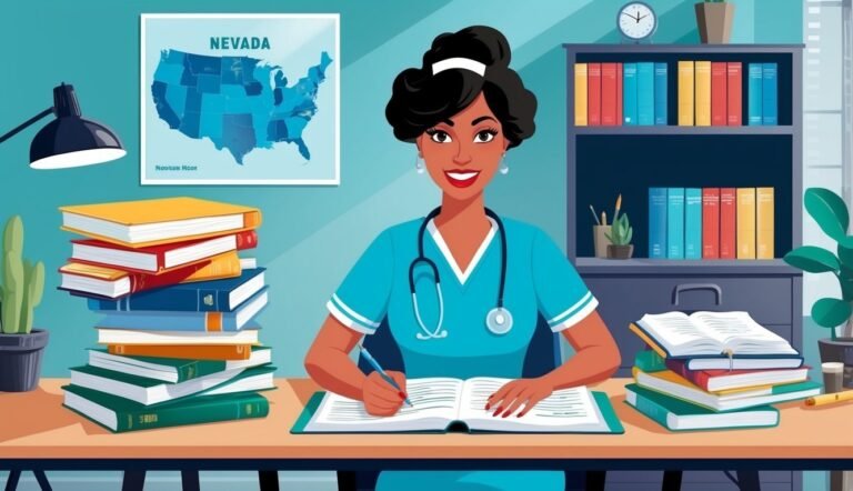 Cartoon of a smiling nurse writing at a desk with books