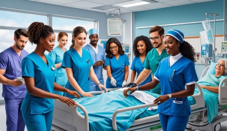 A team of nurses surrounds a patient in a hospital bed