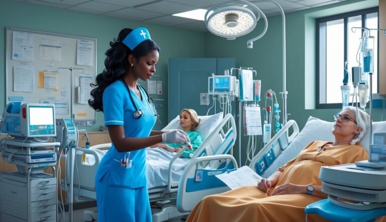 Nurse tending to patients in a hospital room with medical equipment