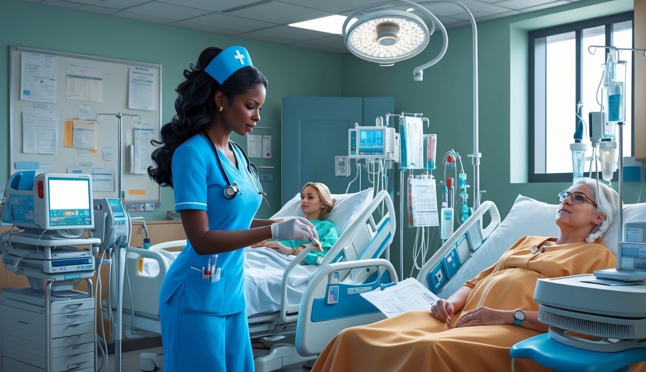 Nurse tending to patients in a hospital room with medical equipment