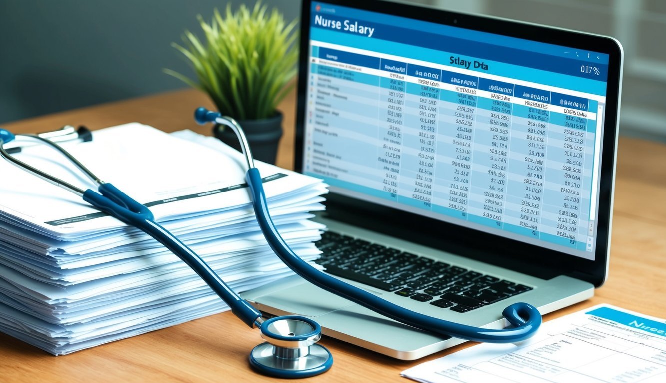 A stethoscope resting on a desk next to a stack of paperwork and a computer displaying a spreadsheet of nurse salary data