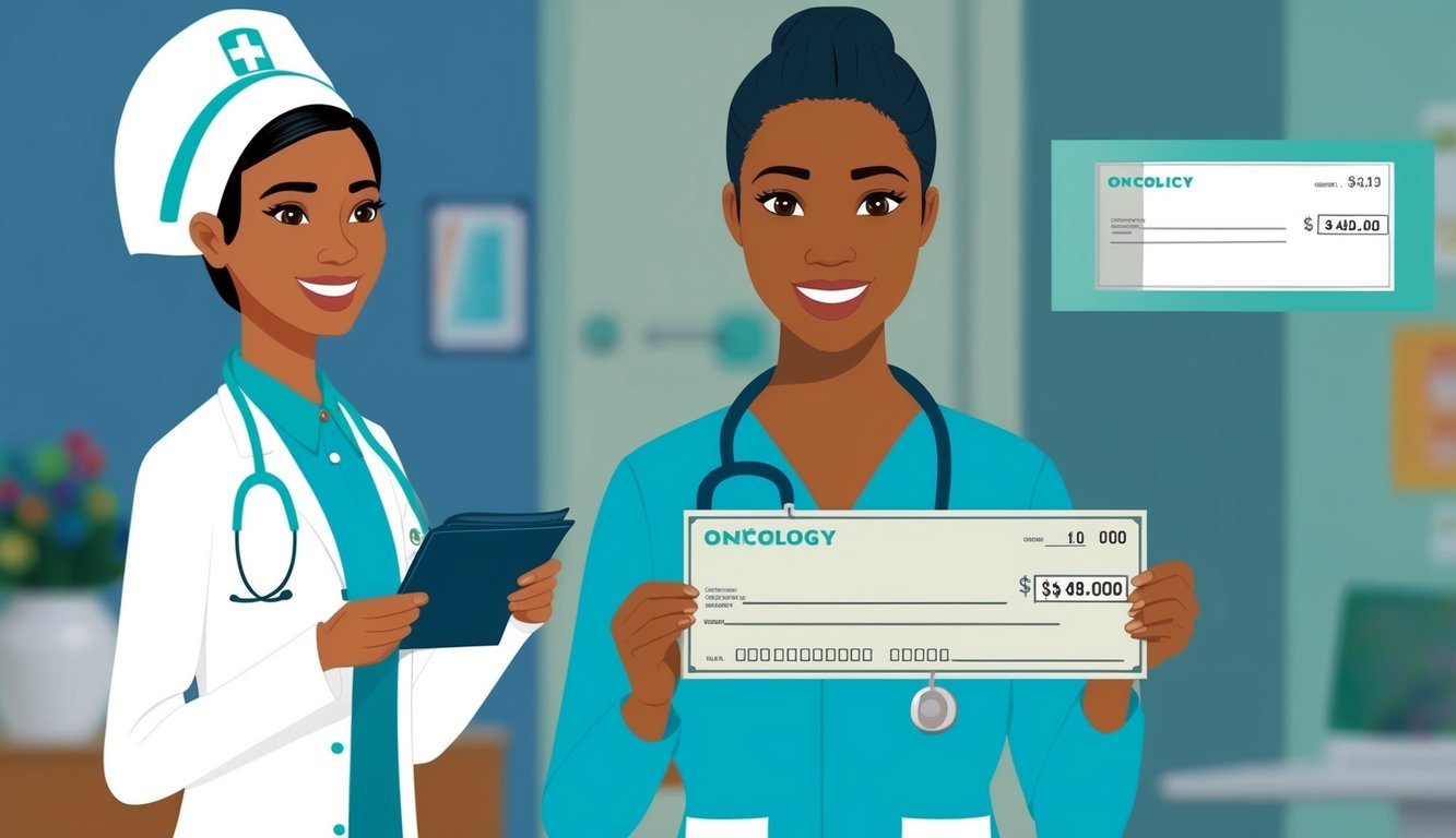 An oncology nurse receiving a paycheck with an extra compensation check