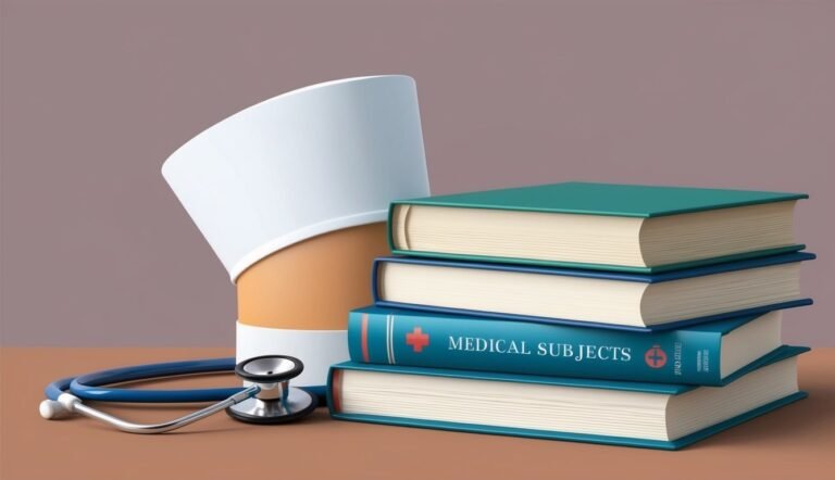 Stack of medical books, stethoscope, and nurse's hat on a table