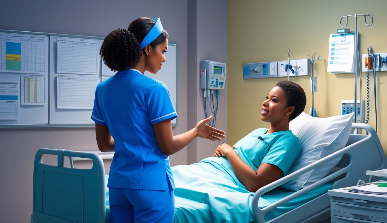 A nurse in scrubs standing next to a patient's bed, surrounded by medical equipment and charts.</p><p>The nurse is engaged in conversation with the patient, displaying empathy and professionalism