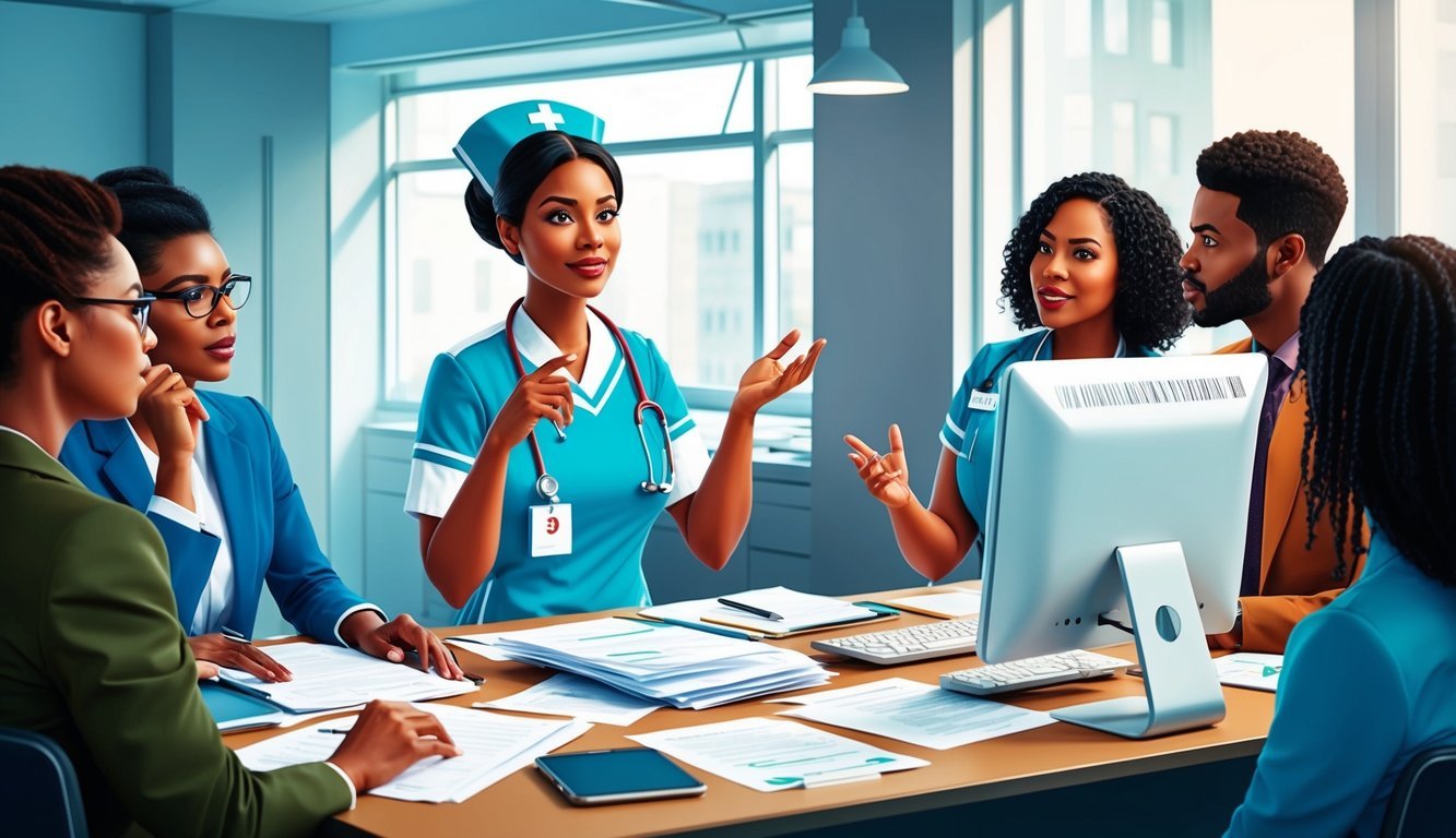 A nurse standing at a desk, surrounded by paperwork and a computer, with a thoughtful expression while answering questions from colleagues