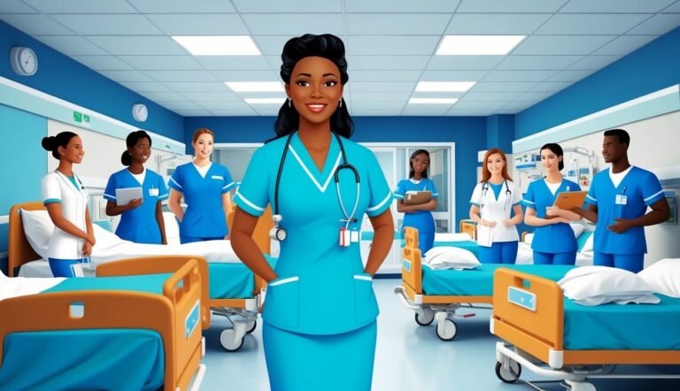 Smiling nurse in scrubs stands in a hospital room with other medical staff
