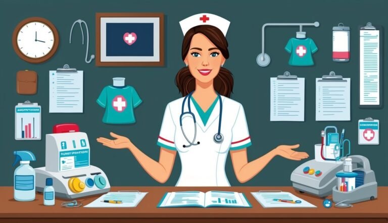 Cartoon nurse with medical equipment and supplies on a desk