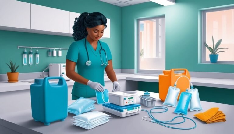 A medical professional preparing equipment in a clean, modern medical room
