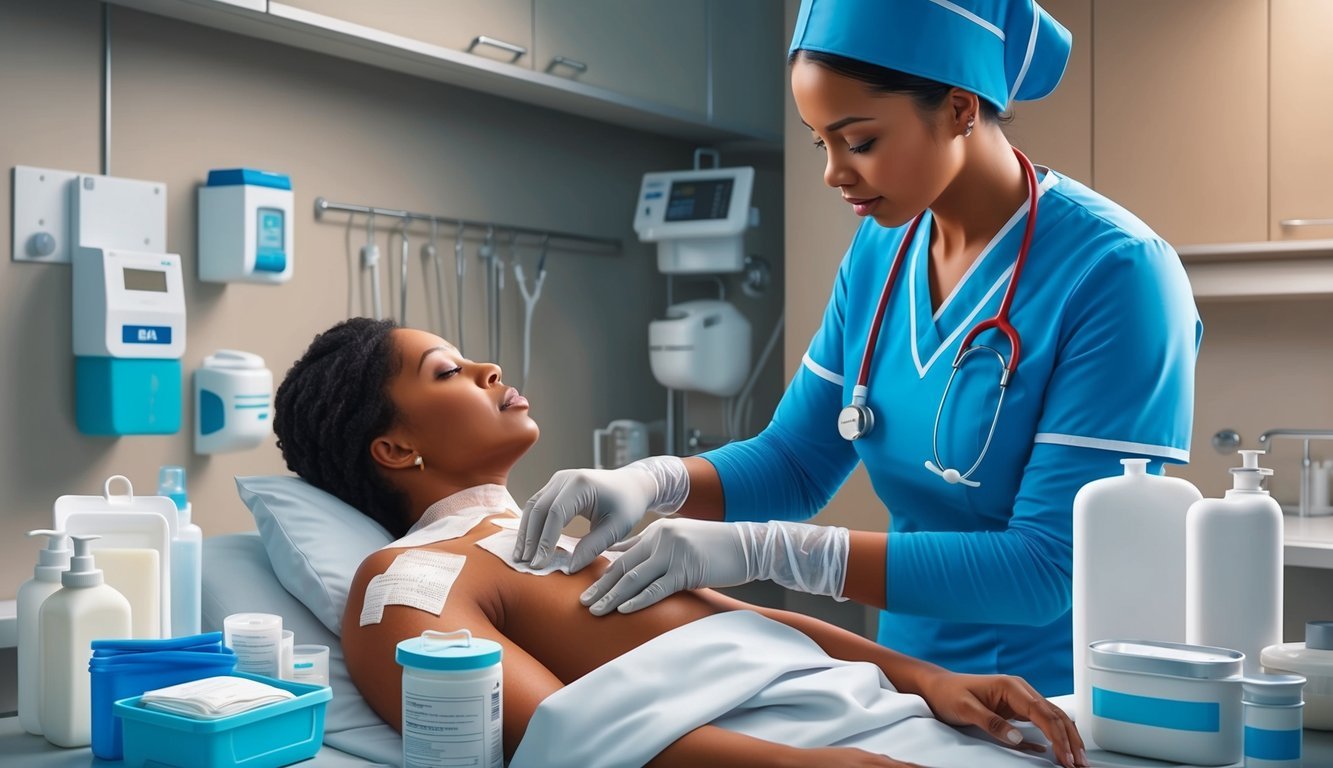 A wound care nurse carefully changing dressings on a patient's wound, surrounded by sterile medical supplies and equipment
