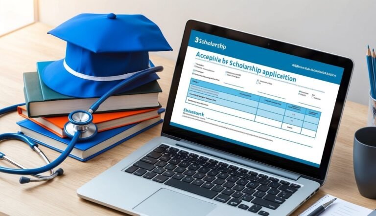 Laptop with scholarship application, books, stethoscope, and graduation cap