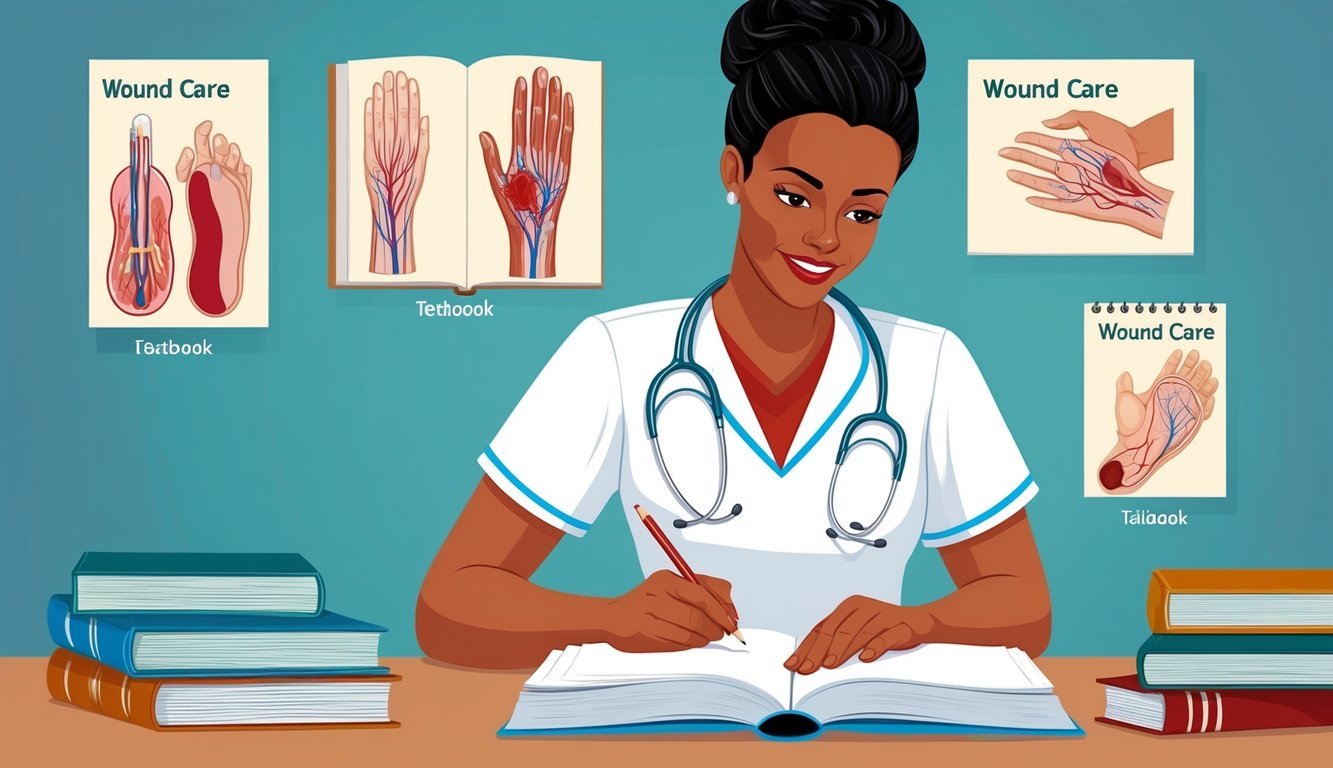 A nurse studying textbooks and medical diagrams on wound care