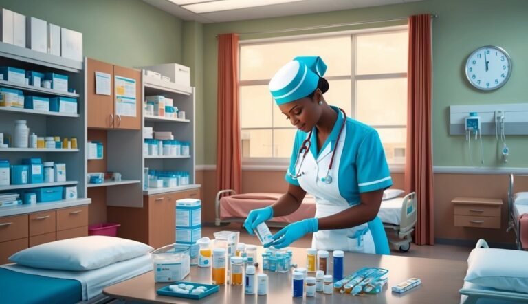 Nurse in blue scrubs preparing medication in a hospital room