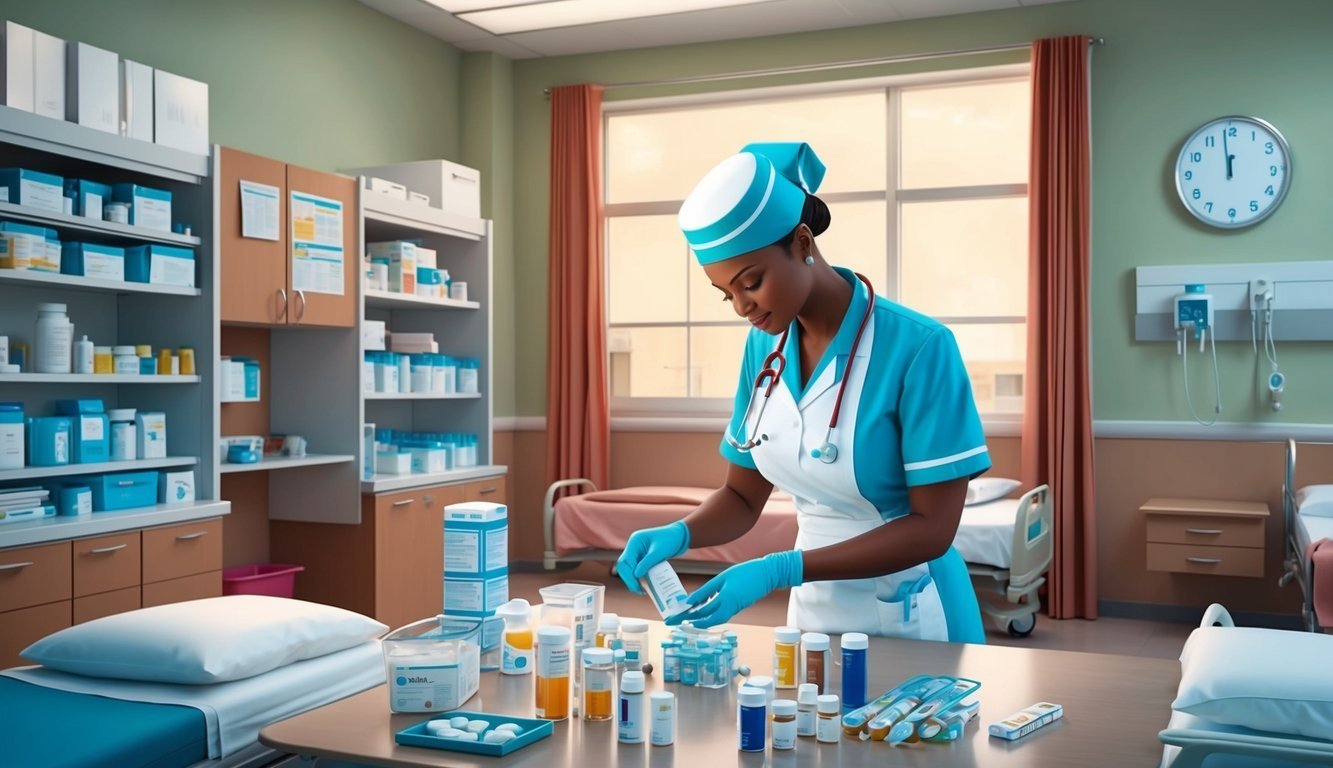 Nurse in blue scrubs preparing medication in a hospital room