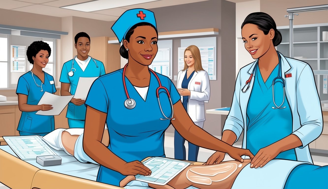 A nurse reviewing charts, attending training sessions, and assisting with wound care procedures in a hospital setting