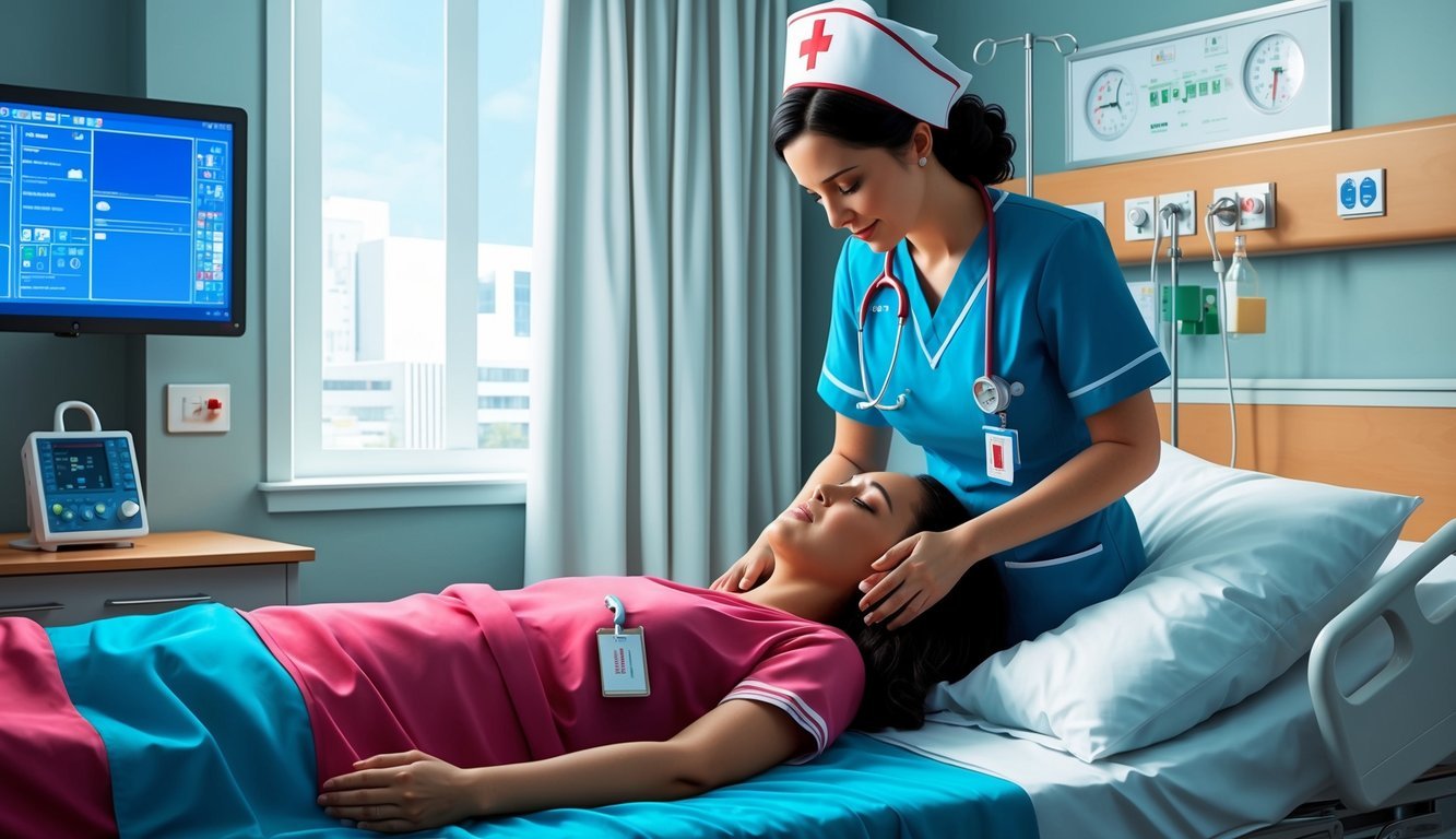 A pain management nurse comforting a patient in a hospital room