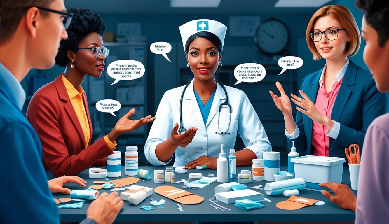 A nurse surrounded by medical supplies, bandages, and wound care tools, answering questions from patients and colleagues