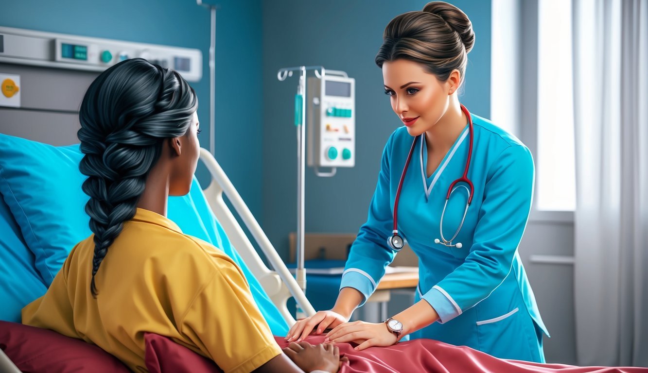 A pain management nurse consulting with a patient in a hospital room