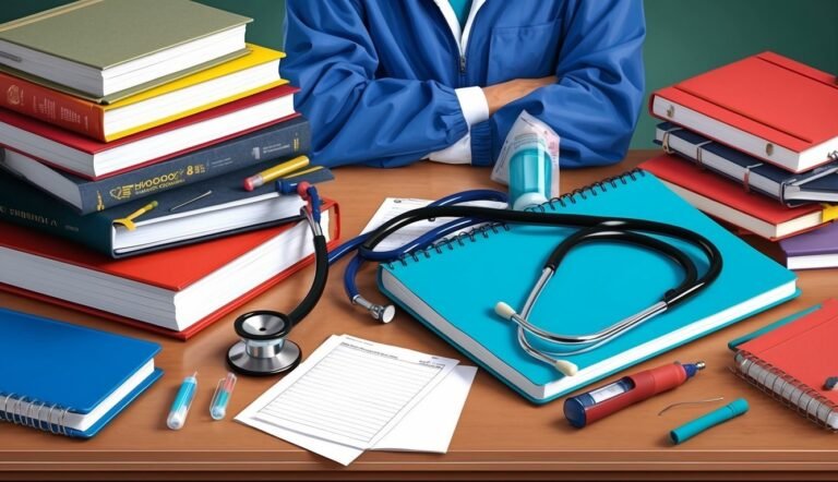 Medical student's desk with books, stethoscope, and medical supplies