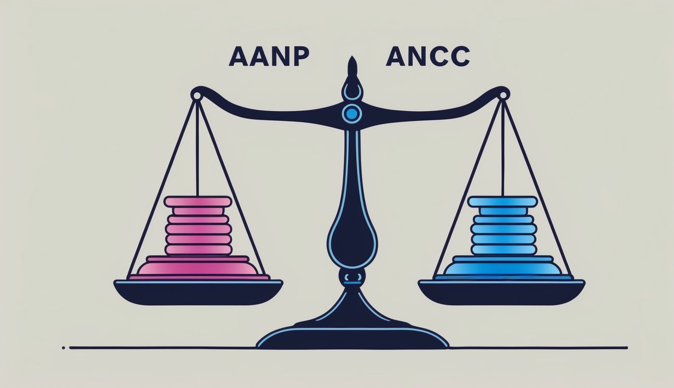 A scale with balanced weights representing certification eligibility and requirements for AANP vs ANCC